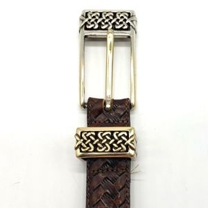 BRIGHTON women US Med 30 brown belt woven leather Irish knot silvertone buckle